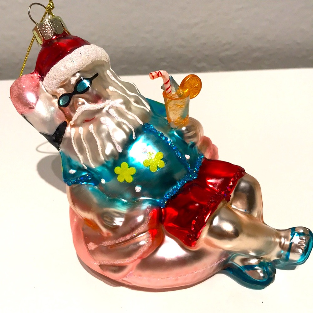 Poolside Float Santa Aloha Ornament Pool Sippin Hand Blown Santa NEW FINAL SALE